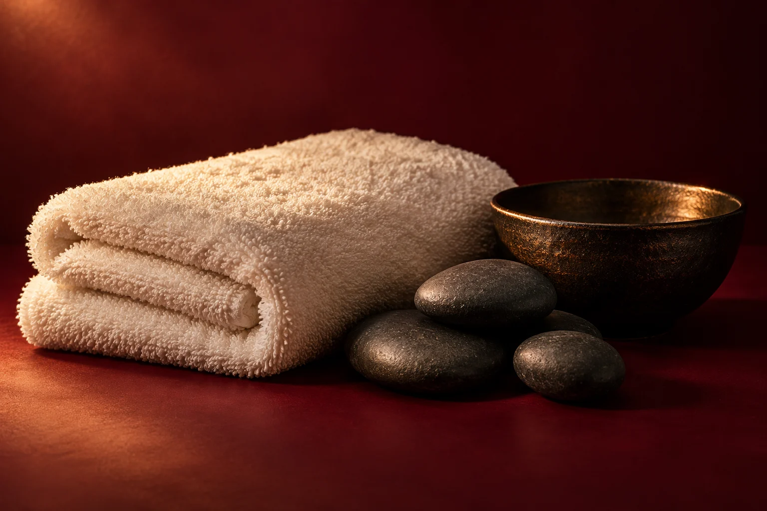 Illustrative spa still life with a folded towel, smooth stones and a ceramic bowl